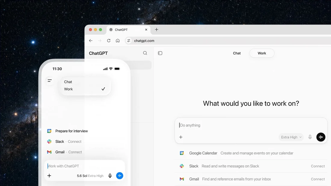 ChatGPT Work 화면 — 'What would you like to work on?'과 Google Calendar·Slack·Gmail 커넥터
