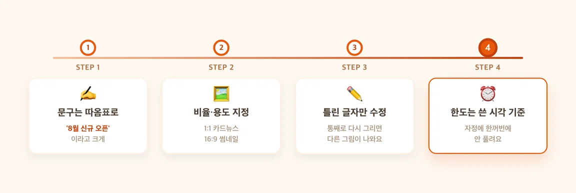 챗GPT 이미지 4단계 — 문구는 따옴표로·비율 지정·틀린 글자만 수정·한도는 쓴 시각 기준